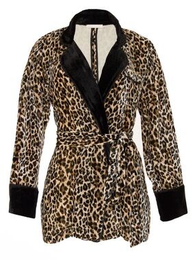 Leopard Print Plush Robe with Black Velvet Trim - Women Intimates & Sleepwear